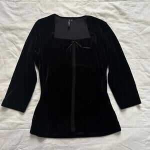 Paper tag vintage Black velvet long sleeve top with lace up detail Size medium